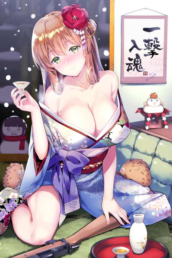 1girl bangs bare_legs blue_kimono blush bolt_action breasts brown_hair cleavage collarbone cup eyebrows_visible_through_hair girls_frontline green_eyes gun hair_between_eyes hair_rings head_tilt holding holding_cup indoors japanese_clothes kimono kotatsu large_breasts long_hair looking_at_viewer m1903_springfield m1903_springfield_(girls_frontline) rei_(rei's_room) rifle sidelocks sitting smile solo table weapon yokozuwari