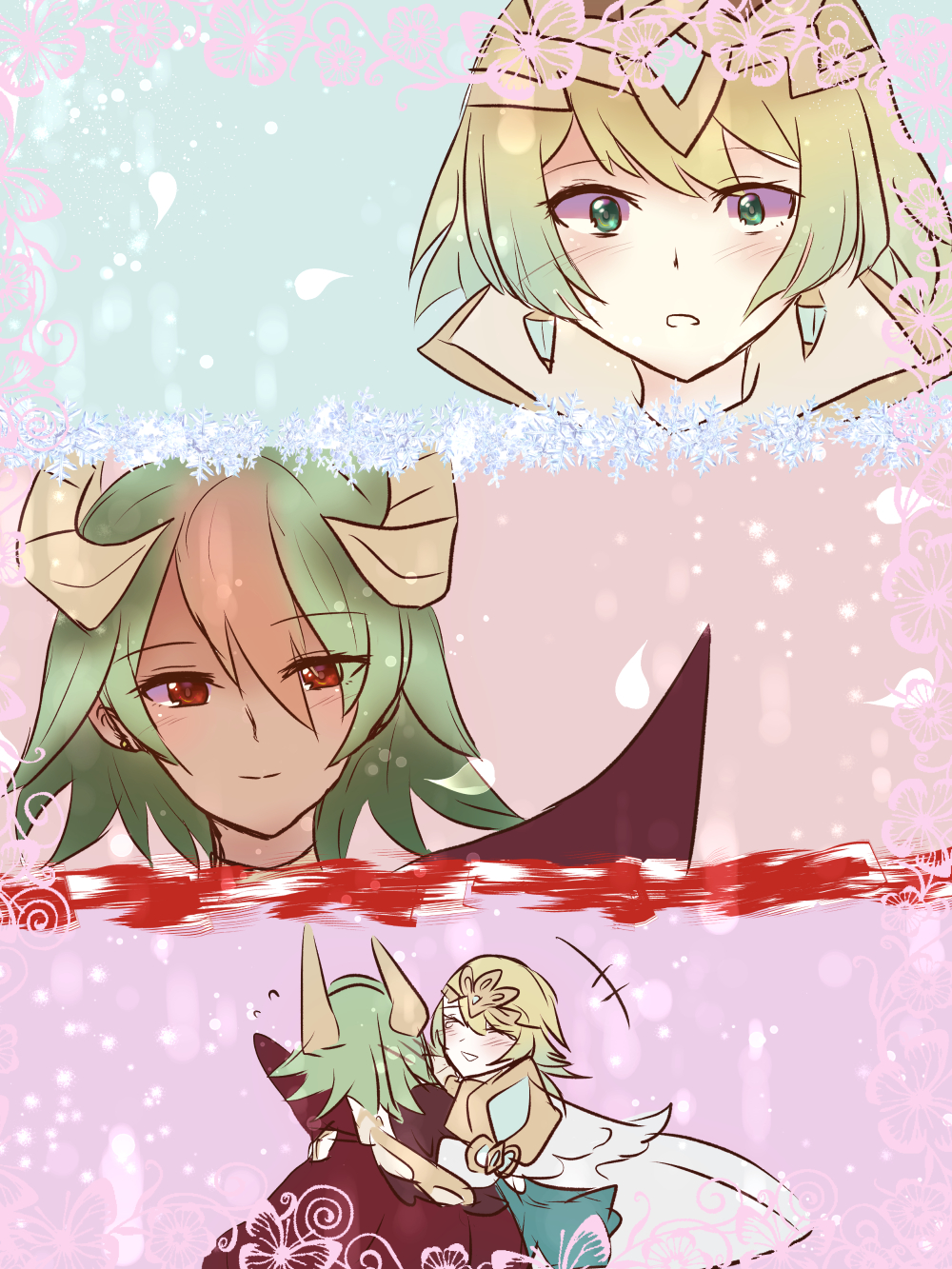 2girls 3koma blonde_hair blue_background blue_eyes blush comic commentary_request dark_skin earrings eyebrows_visible_through_hair face fire_emblem fire_emblem_heroes fjorm_(fire_emblem_heroes) green_eyes green_hair hair_between_eyes highres horns hug jewelry laegjarn_(fire_emblem_heroes) matsumari_(mesaia33) multicolored_hair multiple_girls nintendo open_mouth pink_background purple_background red_eyes short_hair silent_comic smile snow two-tone_hair