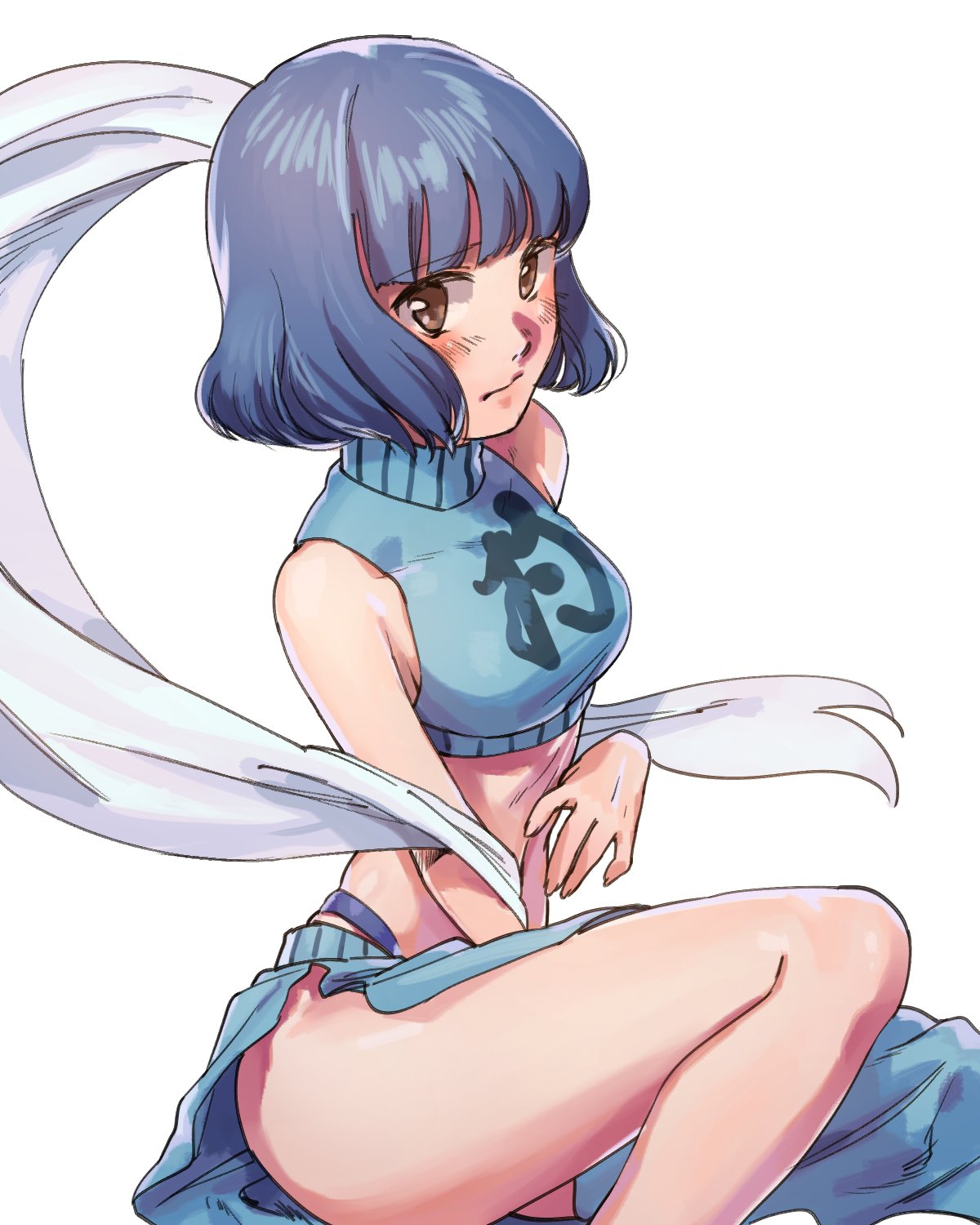 1girl akabino bangs bare_arms bare_shoulders blue_hair blush breasts brown_eyes brown_hair chinese_clothes cosplay crop_top eyebrows_visible_through_hair hagoromo highres houshin_engi medium_breasts midriff navel ou_kijin ou_kijin_(cosplay) pelvic_curtain seaside_muramoto shawl short_hair simple_background sitting solo white_background yu-gi-oh! yuu-gi-ou_tag_force