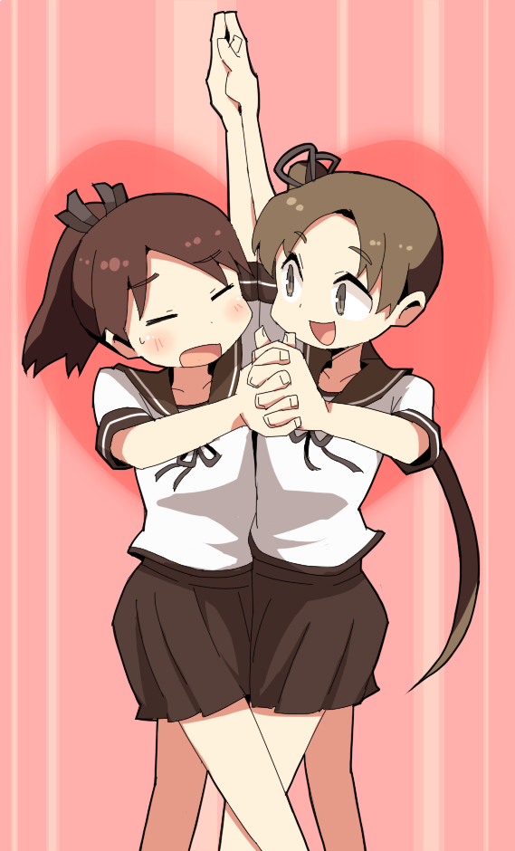 2girls arm_up ayanami_(kantai_collection) bangs black_ribbon blush brown_eyes brown_hair brown_skirt closed_eyes commentary_request dokan_(dkn) eyebrows_visible_through_hair hair_ribbon hand_holding hands_together heart holding interlocked_fingers kantai_collection long_hair looking_at_another multiple_girls open_mouth outstretched_arms pink_background ponytail ribbon sailor_collar school_uniform serafuku shikinami_(kantai_collection) shirt short_hair short_sleeves skirt standing sweat sweatdrop