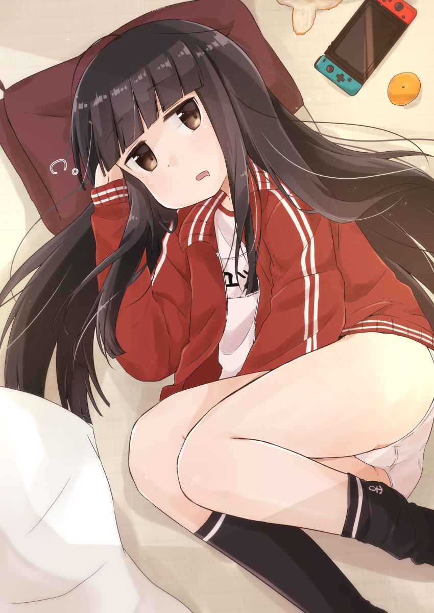 1girl alternate_costume aoshima_sakana bangs black_hair black_legwear blunt_bangs brown_eyes cushion food fruit game_console gym_uniform handheld_game_console hatsuyuki_(kantai_collection) highres hime_cut jacket kantai_collection kneehighs long_hair long_sleeves lying mandarin_orange name_tag nintendo_switch on_side open_clothes open_jacket open_mouth panties solo thighs track_jacket underwear white_panties zabuton