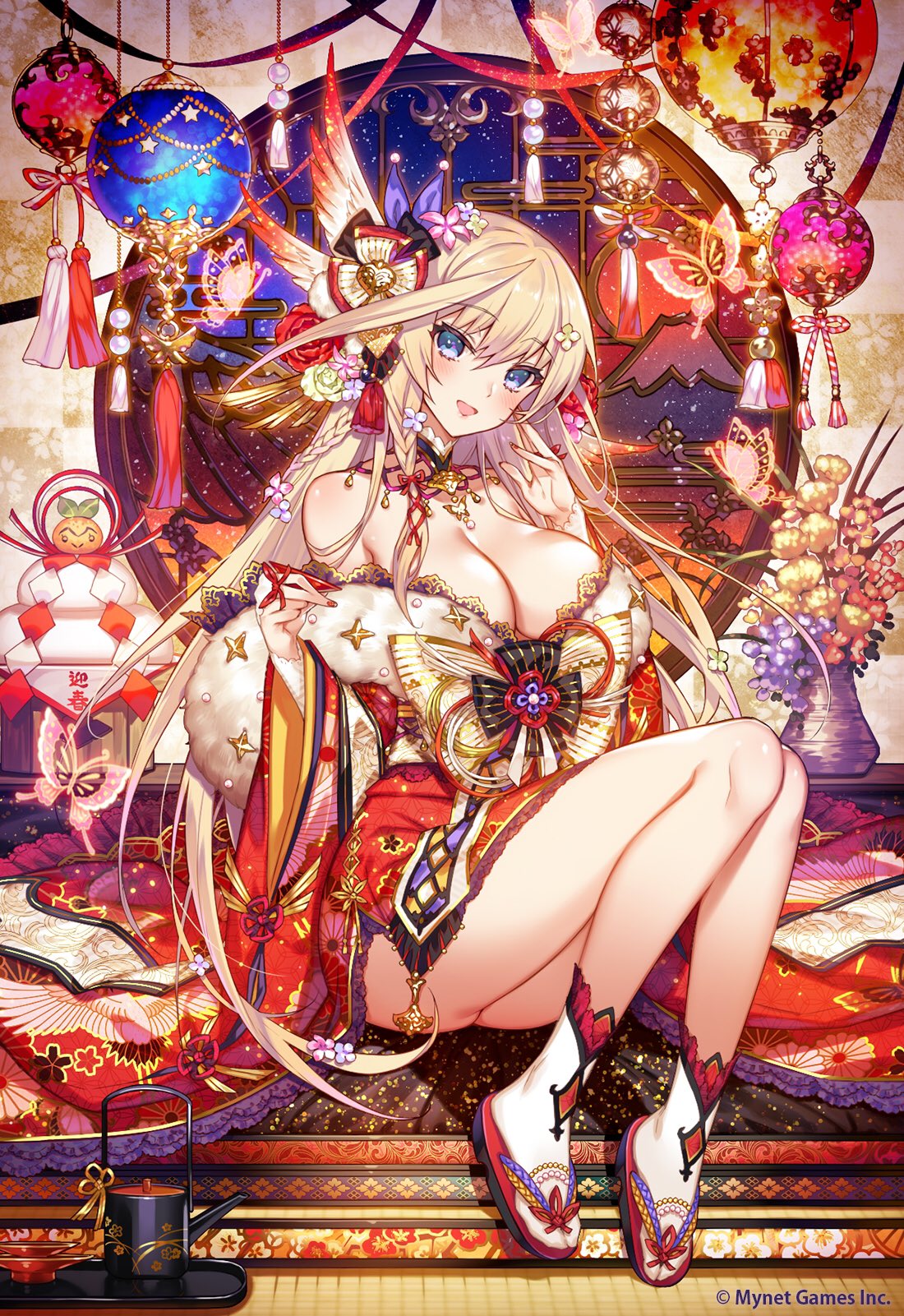 1girl age_of_ishtaria blonde_hair blue_eyes blush breasts bug butterfly cleavage clothing_request company_name hair_ornament highres insect japanese_clothes kimono long_hair lu_hpink meru_(age_of_ishtaria) nail_polish off_shoulder official_art open_mouth slippers socks solo