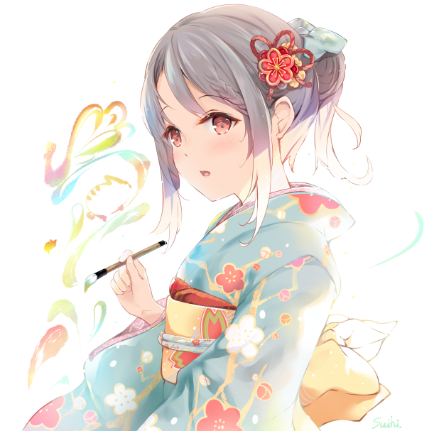 1girl artist_name bangs blue_kimono braid brown_hair commentary_request eyebrows_visible_through_hair floral_print furisode hair_bun hair_ornament holding holding_paintbrush japanese_clothes kimono looking_away nengajou new_year obi original paintbrush parted_lips print_kimono red_eyes sash sidelocks signature solo suihi upper_body white_background