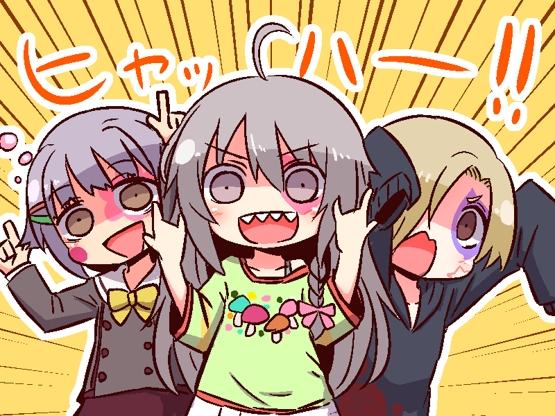 3girls :d \m/ ahoge arms_up bangs black_hoodie bow braid brown_eyes brown_jacket brown_skirt double_\m/ emphasis_lines eyebrows_visible_through_hair facepaint green_shirt grey_hair hair_between_eyes hair_bow hair_ornament hair_over_one_eye hairclip hood hood_down hoodie hoshi_shouko idolmaster idolmaster_cinderella_girls index_finger_raised jacket kawaii_boku_to_142's koshimizu_sachiko light_brown_hair long_hair long_sleeves multiple_girls mushroom naga_u open_mouth pink_bow pleated_skirt print_shirt sharp_teeth shirasaka_koume shirt side_braid single_braid skirt sleeves_past_fingers sleeves_past_wrists smile teeth very_long_hair white_skirt yellow_background yellow_bow