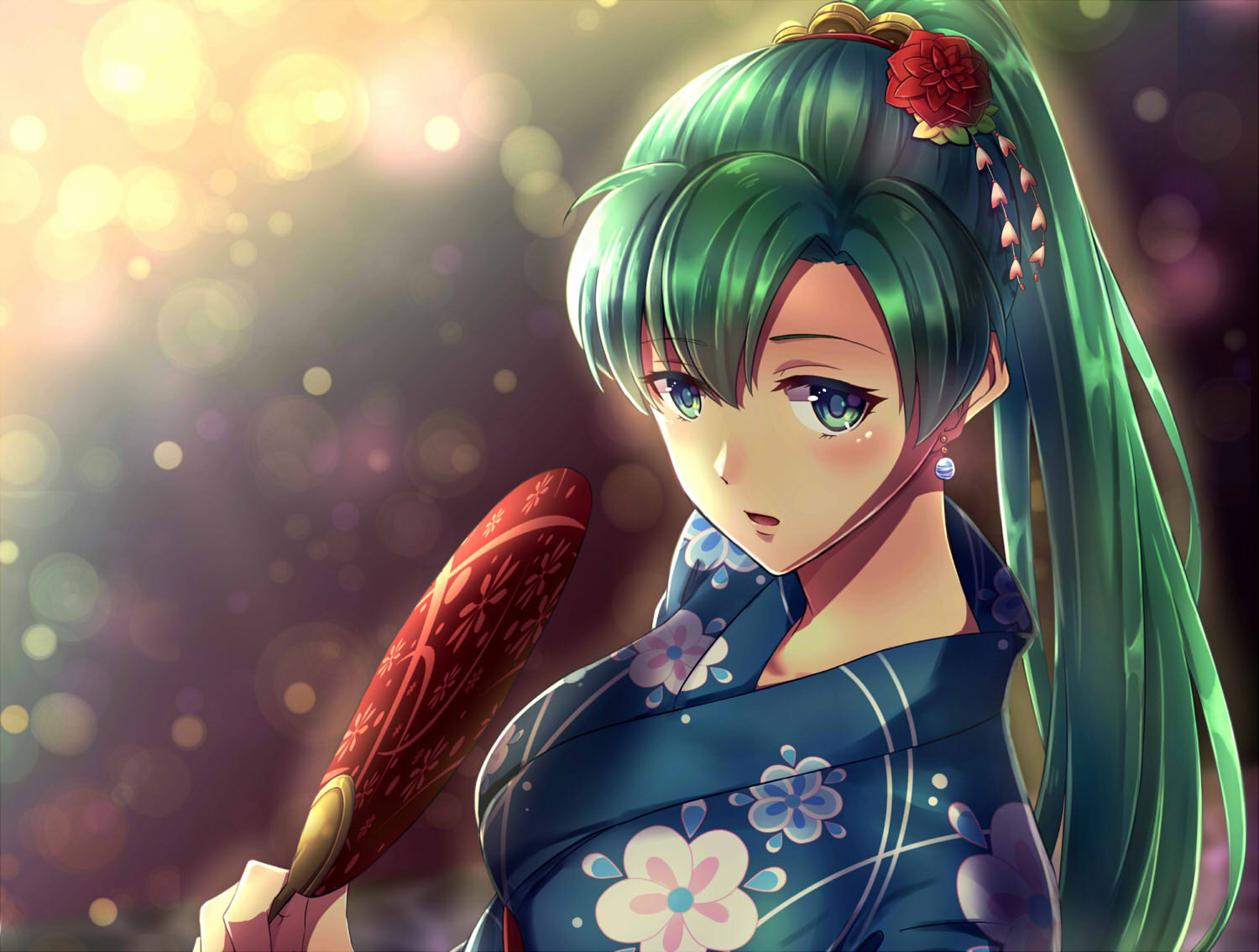 1girl blue_kimono blush collarbone earrings fan festival fire_emblem fire_emblem:_rekka_no_ken fire_emblem_heroes fireworks floral_print flower green_eyes green_hair hair_flower hair_ornament high_ponytail holding holding_fan intelligent_systems japanese_clothes jewelry kazame kimono long_hair lyndis_(fire_emblem) night nintendo open_mouth paper_fan ponytail print_kimono solo super_smash_bros. taiga_kazame