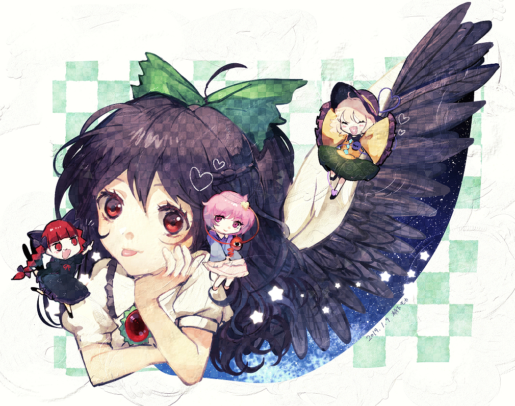4girls :3 :d :p ^_^ ahoge animal_ears artist_name bangs black_bow black_dress black_footwear black_hair black_hat black_wings blue_shirt bow braid cape cat_ears checkered checkered_background chin_rest closed_eyes closed_eyes commentary_request cropped_torso dated dress fang feathered_wings floral_print frilled_shirt_collar frilled_sleeves frills green_background green_bow green_skirt hair_between_eyes hair_bow hair_ornament hat heart heart_hair_ornament heart_of_string juliet_sleeves kaenbyou_rin komeiji_koishi komeiji_satori long_hair long_sleeves looking_at_another looking_at_viewer minigirl mochacot multiple_girls neck_ribbon open_mouth outstretched_arms pink_eyes pink_footwear pink_hair puffy_short_sleeves puffy_sleeves red_eyes red_neckwear red_ribbon redhead reiuji_utsuho ribbon shirt shoes short_sleeves siblings signature sisters skirt smile star third_eye tongue tongue_out touhou twin_braids twintails upper_body white_background white_cape white_shirt white_skirt wide_sleeves wings yellow_shirt