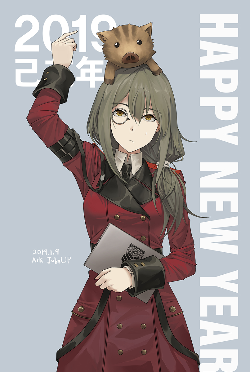 1girl 2019 animal animal_on_head ark_john_up artist_name boar commentary cowboy_shot dated dress_shirt english_commentary english_text eyebrows eyebrows_visible_through_hair folder girls_frontline grey_hair helianthus_(girls_frontline) highres low_ponytail military military_uniform monocle necktie on_head ponytail shirt sweatdrop trench_coat uniform yellow_eyes