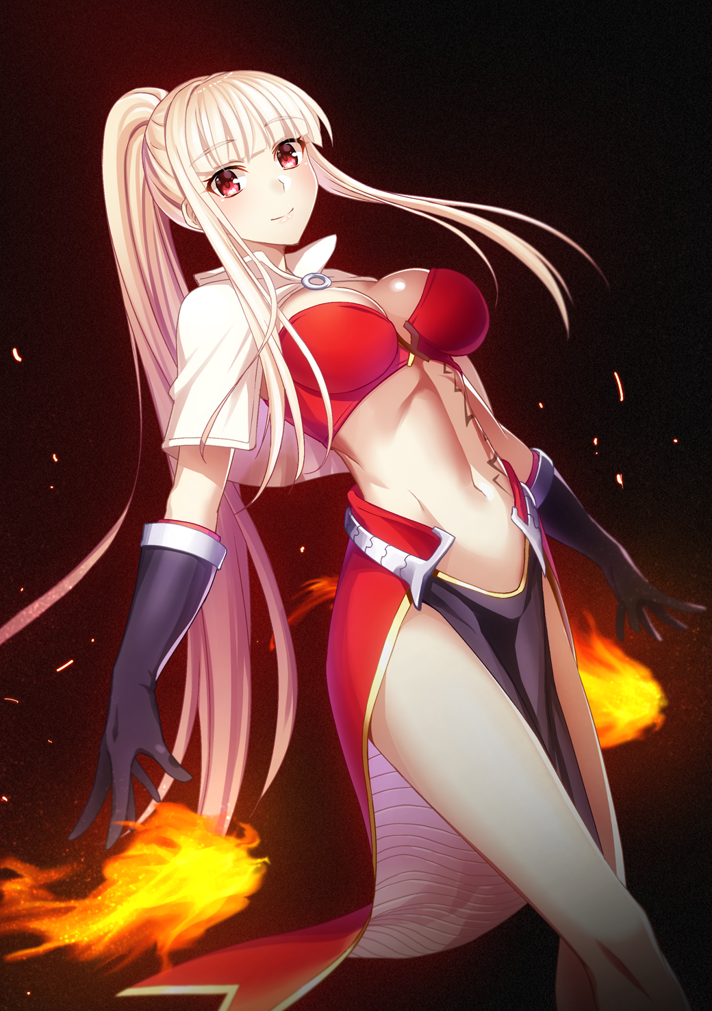 1girl breasts fire gloves highres ike_masato large_breasts long_hair mage_(ragnarok_online) midriff navel ragnarok_online red_eyes smile solo very_long_hair white_hair