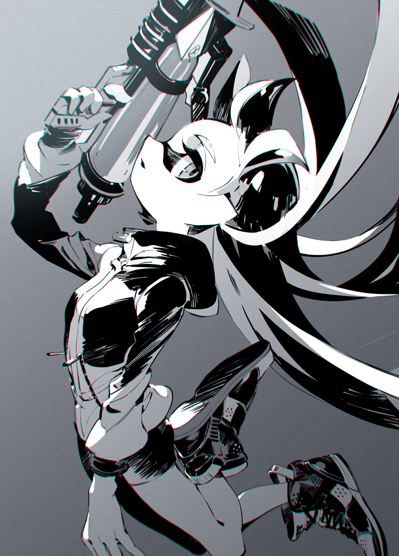 1girl bike_shorts chromatic_aberration domino_mask from_side gradient gradient_background hand_up holding inkling jacket long_hair long_sleeves mask monochrome shimidu_sp shoelaces shoes sneakers solo splatoon splatoon_(series) splatoon_2 tentacle_hair track_jacket zipper_pull_tab