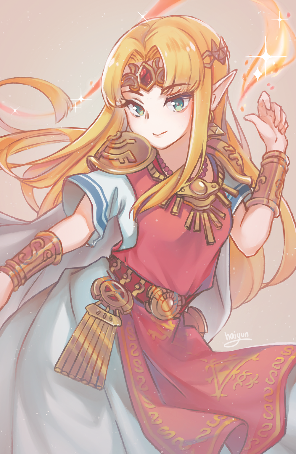 1girl bangs bead_necklace beads belt blonde_hair blue_eyes bracelet cape circlet dress earrings fire gold grey_background haiyun highres jewelry long_hair looking_at_viewer necklace nintendo parted_bangs pointy_ears princess_zelda short_sleeves shoulder_armor simple_background smile solo standing super_smash_bros. tabard the_legend_of_zelda triforce very_long_hair white_cape white_dress