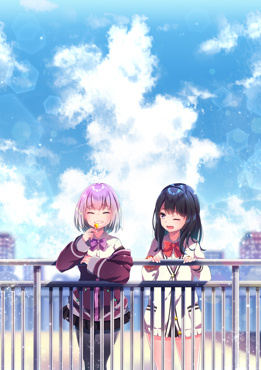 2girls black_hair black_legwear black_skirt blue_sky blurry blurry_background blush bow candy cardigan closed_eyes clouds cloudy_sky collared_shirt commentary_request day depth_of_field food grin highres holding holding_food holding_lollipop jacket lollipop long_hair long_sleeves miniskirt multiple_girls nemuri_nemu off_shoulder one_eye_closed open_mouth orange_scrunchie outdoors pantyhose pink_hair pleated_skirt purple_bow purple_jacket railing red_bow scrunchie shinjou_akane shirt short_hair skirt sky sleeves_past_wrists smile ssss.gridman takarada_rikka white_cardigan white_shirt wrist_scrunchie