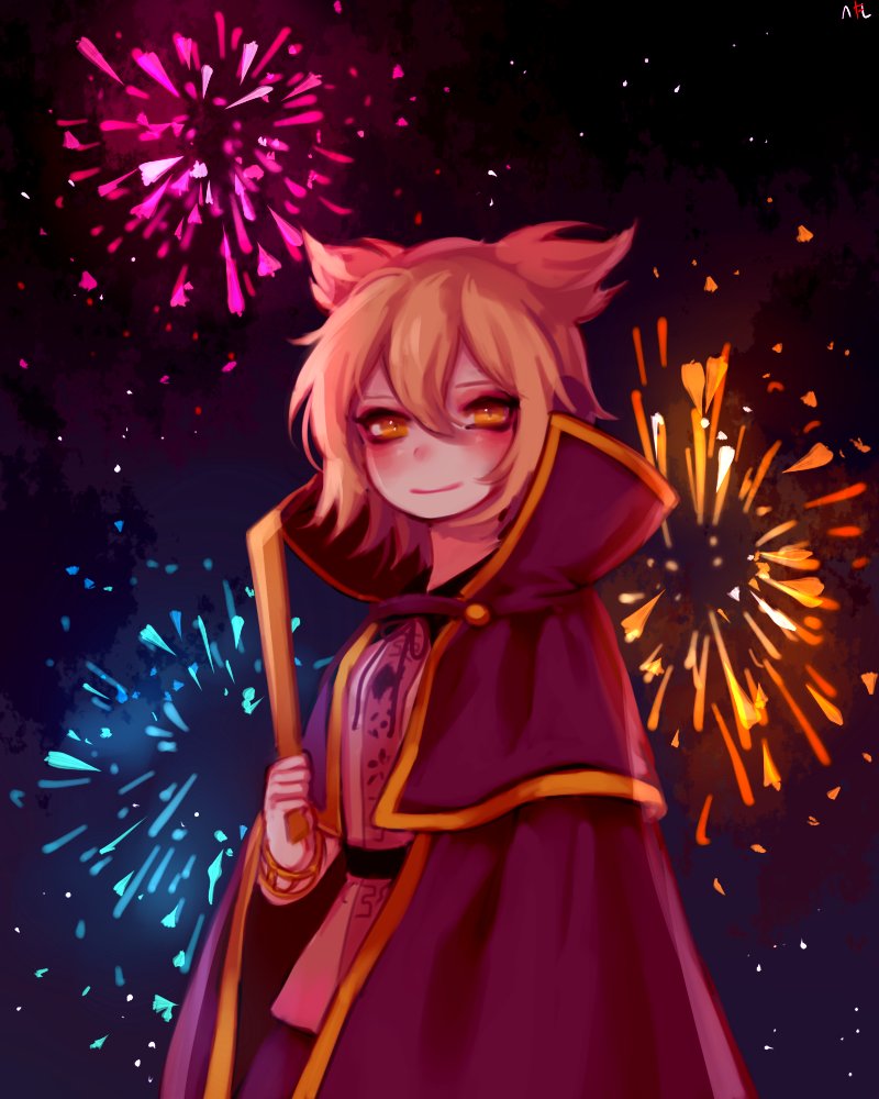 1girl bangs belt black_belt blonde_hair blouse blush bracelet cape commentary_request cowboy_shot earmuffs fireworks hair_between_eyes high_collar holding jewelry looking_at_viewer night night_sky outdoors pink_blouse purple_cape purple_skirt ritual_baton shan short_hair skirt sky smile solo standing touhou toyosatomimi_no_miko yellow_eyes