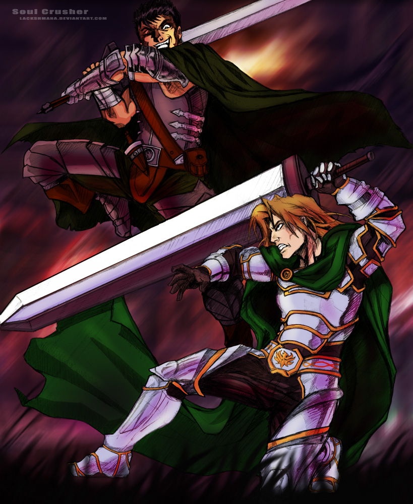 2boys ajrpg armor bandage battle berserk black_armor black_hair blonde_hair brand_of_sacrifice cape crossover cuts dragonslayer_(sword) evil_grin evil_smile fighting frown gauntlets gloves grin guts holding holding_sword holding_weapon huge_weapon injury long_hair male_focus manly multiple_boys scar short_hair siegfried_schtauffen smile soul_calibur sword weapon