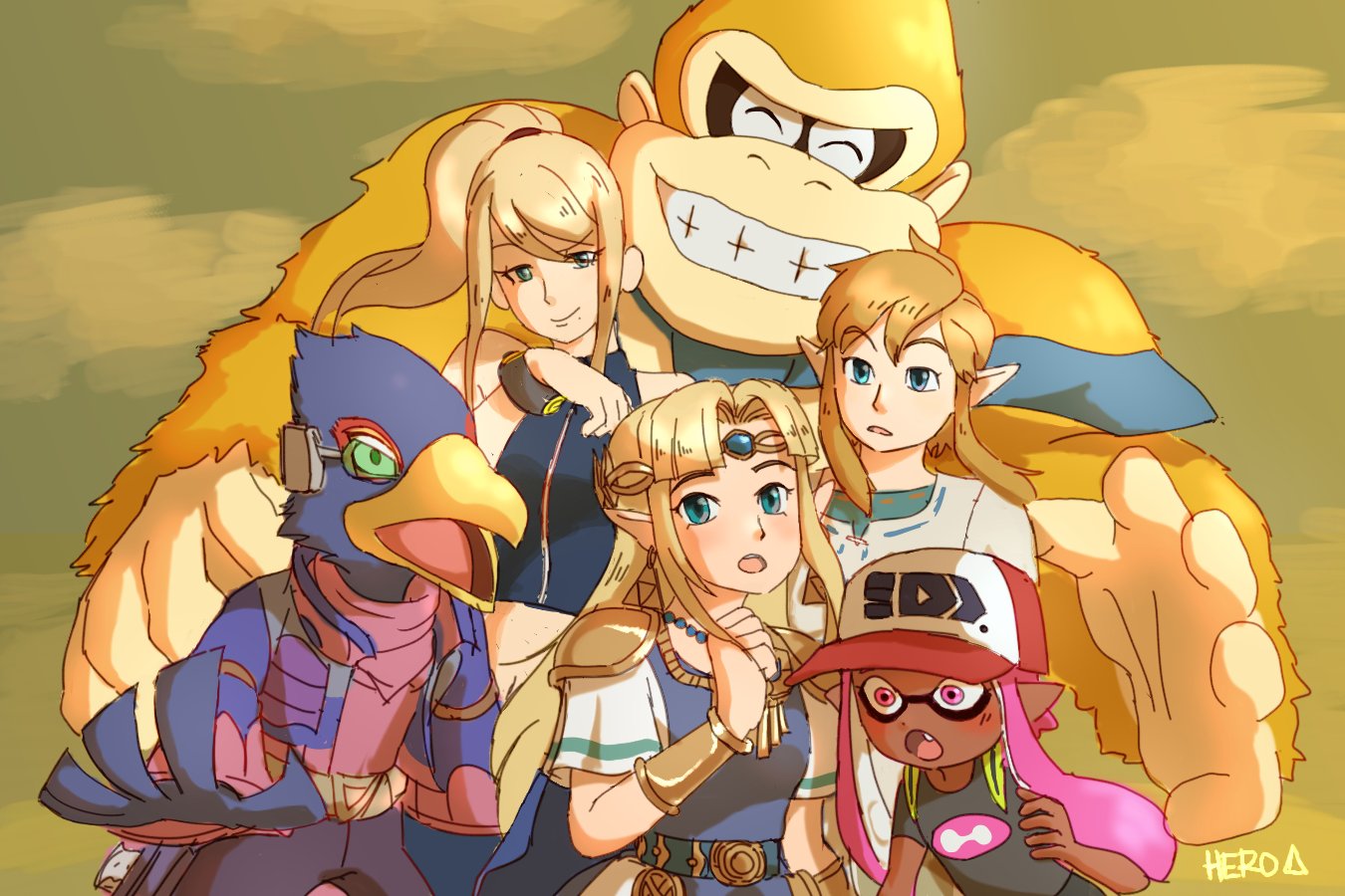 alternate_color baseball_cap beak bird blonde_hair bracelet circlet donkey_kong donkey_kong_(series) earrings falco_lombardi fang gorilla grin hat inkling jewelry link metroid necktie nintendo pointy_ears ponytail princess_zelda samus_aran smile spirit_(super_smash_bros.) splatoon_(series) star_fox super_smash_bros. super_smash_bros._ultimate the_legend_of_zelda the_legend_of_zelda:_breath_of_the_wild