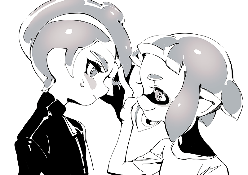 1boy 1girl agent_8 bangs blunt_bangs blush closed_mouth domino_mask from_side frown hand_in_another's_hair inkling looking_at_another mask monochrome octarian octoling pointy_ears shimidu_sp shirt short_hair short_sleeves simple_background smile splatoon splatoon_(series) splatoon_2 splatoon_2:_octo_expansion suction_cups sweat t-shirt tentacle_hair turtleneck upper_body white_background zipper zipper_pull_tab
