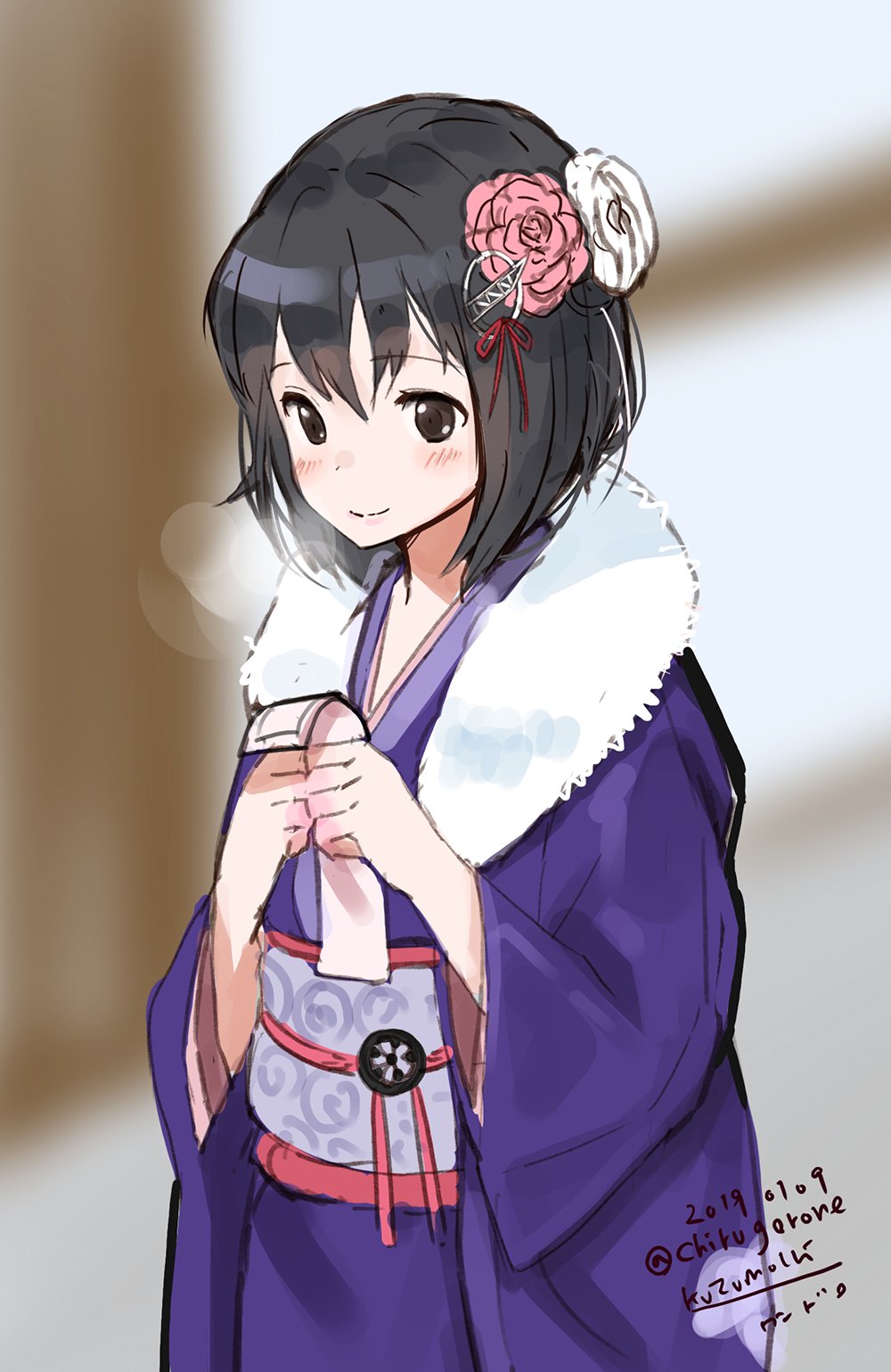 1girl black_hair breath brown_eyes commentary_request cowboy_shot dated flower fur-trimmed_kimono fur_trim furisode haguro_(kantai_collection) hair_flower hair_ornament highres japanese_clothes kantai_collection kimono kuzumochi_(kuzumochiya) paper purple_kimono short_hair solo twitter_username