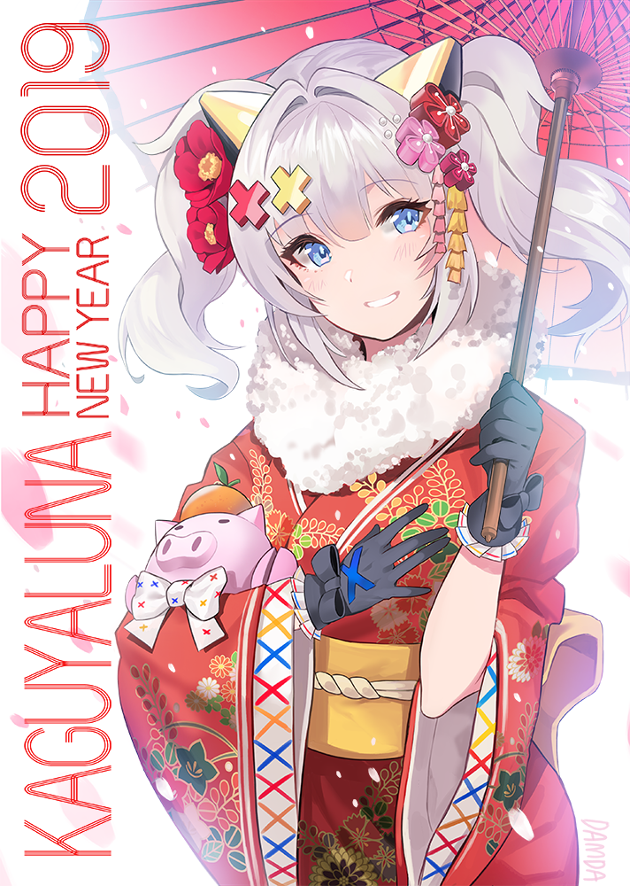 1girl 2019 animal_ears artist_name bangs black_gloves black_ribbon blue_eyes blush bow cat_ears chinese_zodiac d-pad d-pad_hair_ornament damda eyebrows_visible_through_hair fake_animal_ears flower food frilled_gloves frills fruit fur_collar gloves hair_flower hair_ornament hand_on_own_chest happy_new_year head_tilt holding holding_umbrella japanese_clothes kaguya_luna kaguya_luna_(character) kimono long_hair long_sleeves mandarin_orange new_year obi oriental_umbrella parted_lips petals pig print_kimono red_flower red_kimono ribbon sash silver_hair simple_background smile solo twintails umbrella white_background white_bow wide_sleeves year_of_the_pig