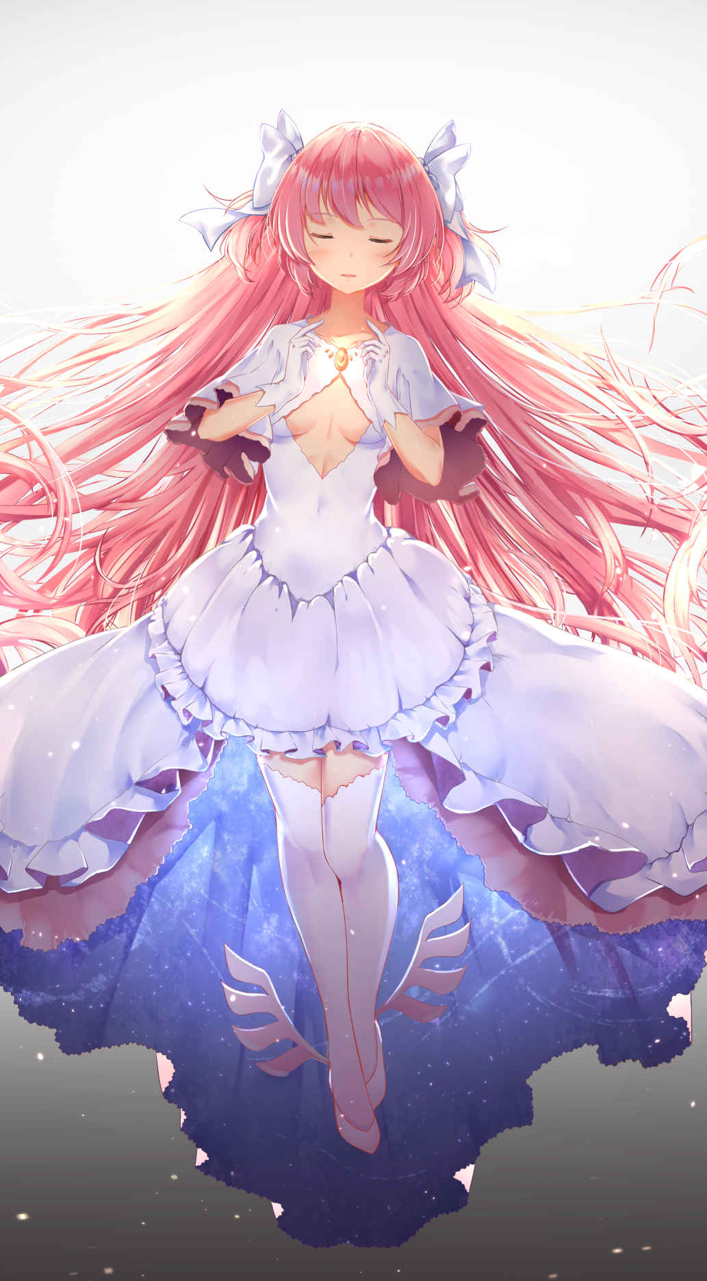 arms_up blue_dress breasts capelet chahei cleavage_cutout closed_eyes dress facing_viewer gloves glowing goddess_madoka gradient gradient_background grey_background hair_ribbon highres jewelry kaname_madoka layered_dress light_particles long_hair mahou_shoujo_madoka_magica parted_lips pink_hair ribbon small_breasts starry_sky_print thigh-highs twintails very_long_hair white_footwear white_gloves white_legwear