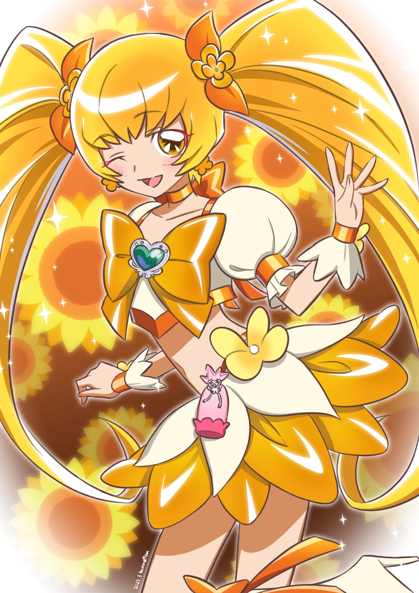 1girl blonde_hair blush bow bow_choker brooch bun_(jewd5385) choker commentary_request cure_sunshine earrings flower_earrings heart_brooch heartcatch_precure! highres jewelry long_hair magical_girl midriff myoudouin_itsuki navel one_eye_closed precure puffy_short_sleeves puffy_sleeves short_sleeves skirt smile solo twintails very_long_hair wrist_cuffs yellow_bow yellow_choker yellow_eyes