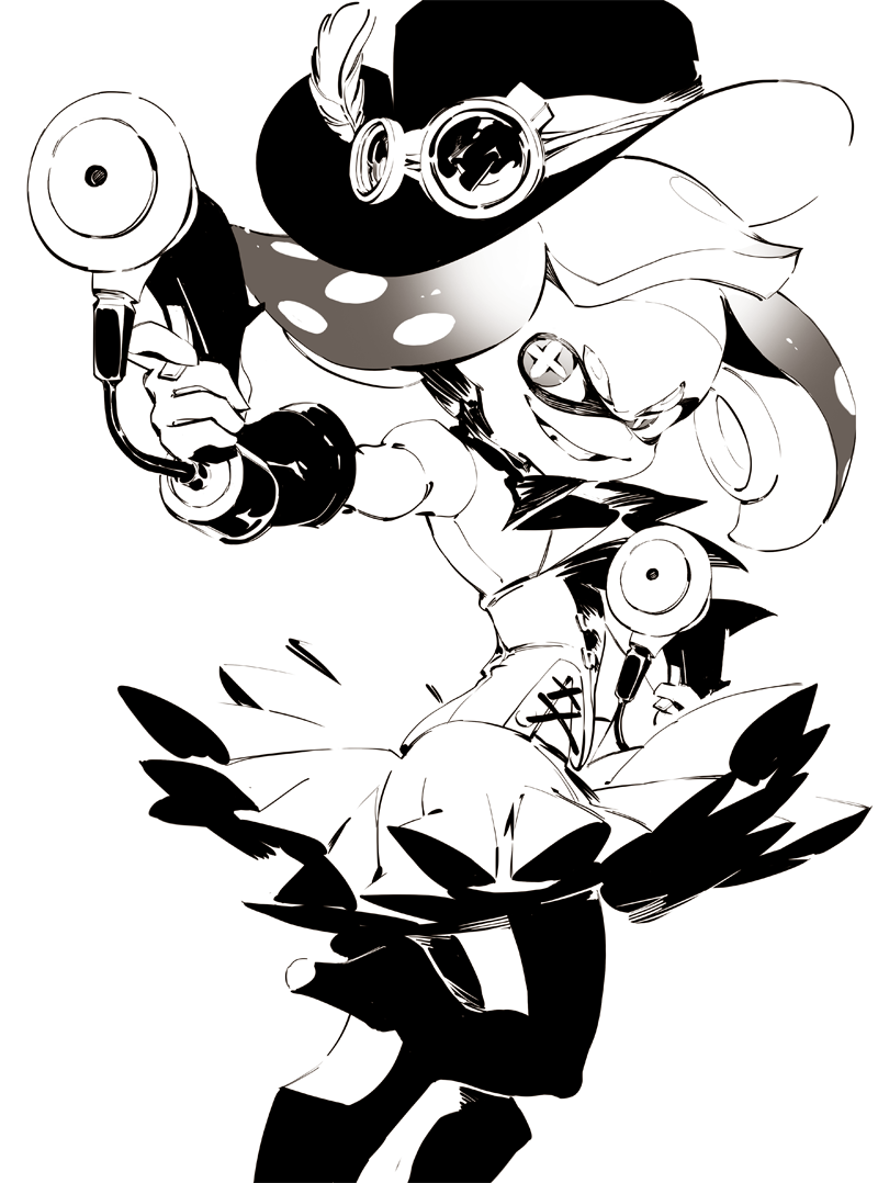+_+ 1girl corset domino_mask dual_wielding feathers goggles goggles_on_headwear grin hat hat_feather high_heels hime_(splatoon) holding leg_up mask monochrome shimidu_sp shirt short_hair short_sleeves skirt smile solo splat_dualies_(splatoon) splatoon splatoon_(series) splatoon_2 steampunk suction_cups symbol-shaped_pupils tentacle_hair top_hat v-shaped_eyebrows