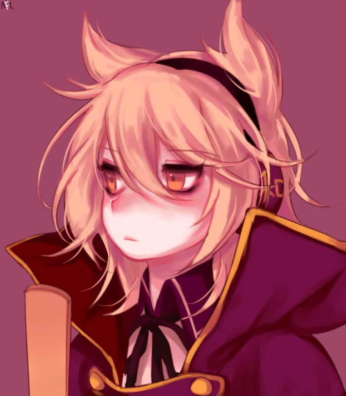 1girl bangs blonde_hair cape earmuffs eyebrows_visible_through_hair hair_between_eyes high_collar neck_ribbon pointy_hair portrait purple_background purple_cape purple_neckwear purple_ribbon ribbon ritual_baton shan short_hair simple_background solo touhou toyosatomimi_no_miko wing_collar yellow_eyes