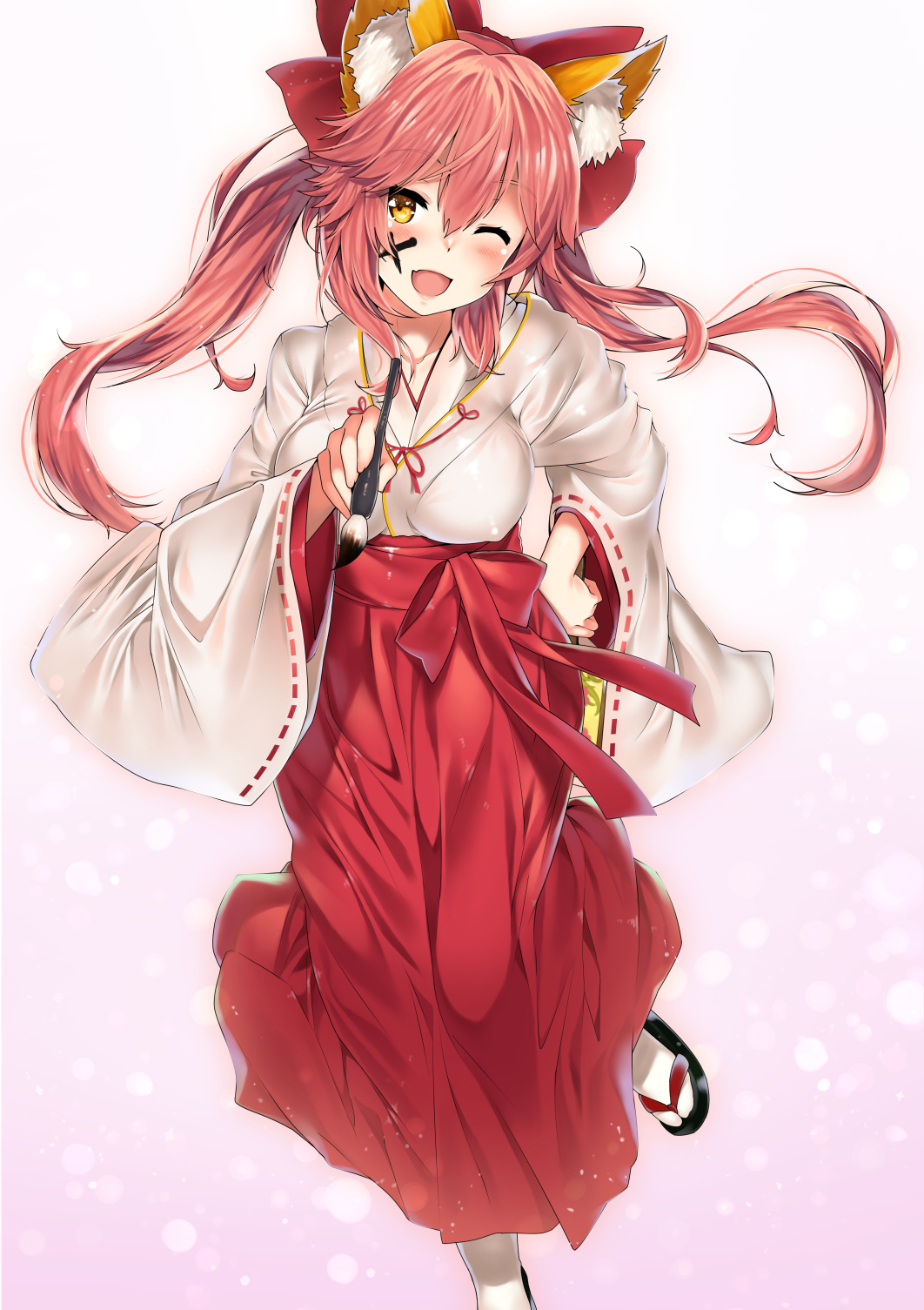 1girl animal_ear_fluff animal_ears bangs blush breasts calligraphy_brush erect_nipples fate/extra fate_(series) fox_ears fox_girl fox_tail gradient gradient_background hakama hand_on_hip highres japanese_clothes kawai kimono large_breasts long_hair long_sleeves looking_at_viewer miko new_year one_eye_closed open_mouth paintbrush pink_hair red_hakama sandals sash sidelocks smile socks solo tail tamamo_(fate)_(all) tamamo_no_mae_(fate) twintails white_kimono wide_sleeves yellow_eyes