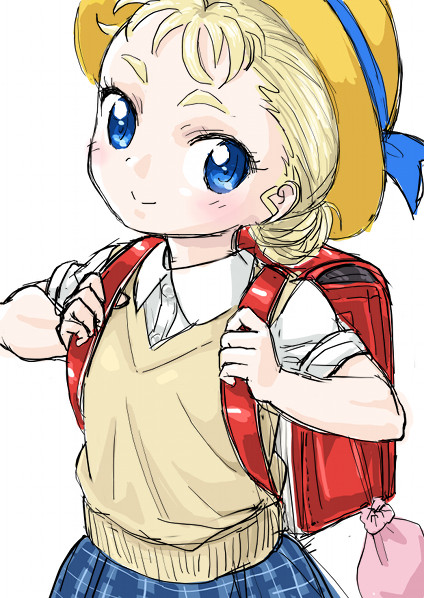 1girl backpack bag blonde_hair blue_eyes chrono_cross commentary_request hat looking_at_viewer marcy_(chrono_cross) s-a-murai school_uniform short_hair skirt smile solo