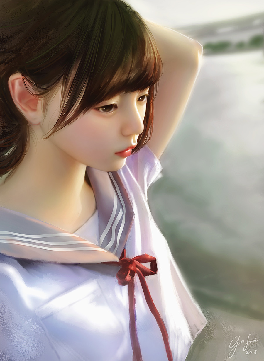 1girl arm_up artist_name black_hair blurry blurry_background commentary day english_commentary geo_siador grey_sailor_collar highres neck_ribbon original outdoors realistic red_neckwear red_ribbon ribbon sailor_collar shirt short_sleeves signature solo white_shirt