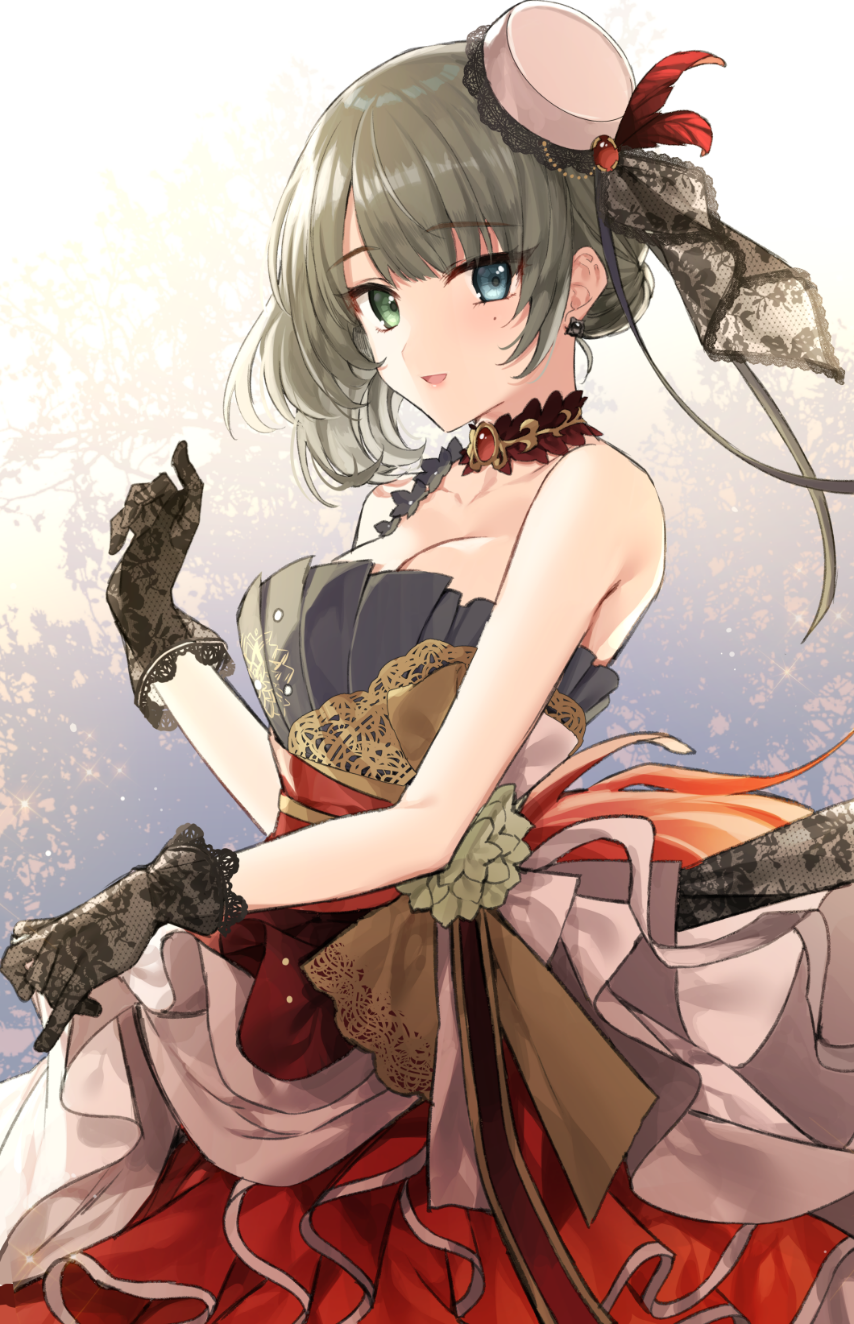1girl bangs bare_shoulders black_gloves blue_eyes blush breasts brooch choker cleavage collarbone dress earrings eyebrows_visible_through_hair eyelashes floral_print gambe gloves green_eyes green_hair hat hat_feather heterochromia highres idolmaster idolmaster_cinderella_girls idolmaster_cinderella_girls_starlight_stage jewelry lace lace-trimmed_gloves looking_at_viewer medium_breasts mole mole_under_eye open_mouth short_hair smile solo takagaki_kaede upper_body white_hair