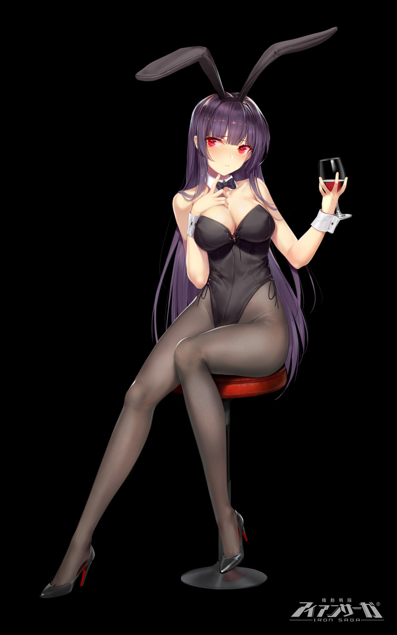 1girl alcohol animal_ears bangs bare_shoulders black_footwear black_hairband black_leotard black_neckwear blush bow bowtie breasts brown_legwear bunny_girl bunnysuit character_request cleavage closed_mouth collar commentary copyright_name cup cupping_glass detached_collar drinking_glass english_commentary eyebrows_visible_through_hair fake_animal_ears full_body hairband high_heels highres holding holding_cup iron_saga large_breasts leotard long_hair pantyhose purple_hair rabbit_ears red_eyes shoes solo strapless strapless_leotard very_long_hair watermark white_collar wine wine_glass wrist_cuffs zjsstc