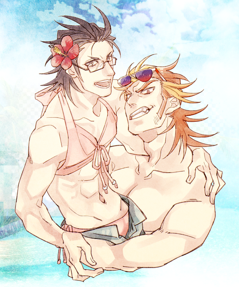 2boys :d akai_suzaku arm_around_shoulder beach bikini bikini_top black_hair collarbone dnp fang glasses grey_eyes grin holding idolmaster idolmaster_side-m kurono_genbu looking_at_viewer male_focus multicolored_hair multiple_boys open_mouth red_eyes redhead shinsoku_ikkon sideburns smile spiky_hair swimsuit yaoi