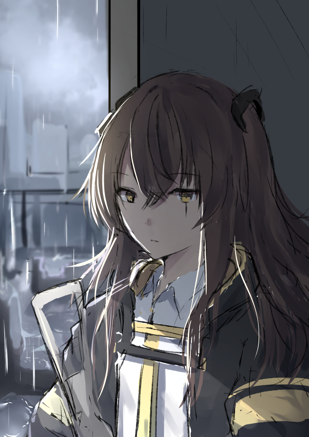 1girl bangs black_jacket brown_eyes brown_hair chahei closed_mouth clouds cloudy_sky collared_shirt commentary eyebrows_visible_through_hair girls_frontline gun h&amp;k_ump45 hair_between_eyes hair_ornament highres jacket long_hair looking_at_viewer one_side_up open_clothes open_jacket outdoors rain scar scar_across_eye shirt sketch sky solo ump45_(girls_frontline) upper_body weapon white_shirt