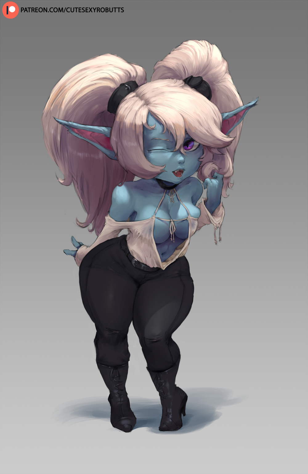 1girl bare_shoulders belt blonde_hair blue_eyes blue_skirt boots breasts cleavage collarbone curvy cutesexyrobutts gradient gradient_background grey_background hair_twirling high_heel_boots high_heels highres large_breasts league_of_legends leaning_forward long_hair looking_at_viewer navel one_eye_closed open_mouth pants pointy_ears poppy short_stack skirt smile solo standing thick_thighs thighs twintails violet_eyes wide_hips yordle