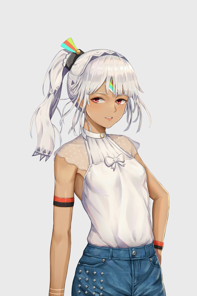 1girl altera_(fate) arm_strap armpits bangs bare_arms bare_shoulders blue_shorts breasts collarbone cowboy_shot fate/grand_order fate_(series) grey_background hand_on_hip hokori_sakuni long_hair looking_at_viewer parted_lips ponytail red_eyes revision see-through shirt shirt_tucked_in shorts sidelocks silver_hair simple_background sleeveless sleeveless_shirt small_breasts solo standing studs veil white_shirt wristband