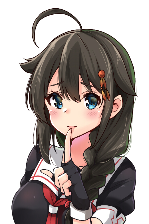 1girl ahoge black_gloves black_hair black_serafuku blue_eyes blush brain breasts collarbone finger_to_mouth fingerless_gloves gloves hair_flaps hair_ornament kantai_collection large_breasts long_hair looking_at_viewer red_neckwear remodel_(kantai_collection) sarfata school_uniform serafuku shigure_(kantai_collection) simple_background smile solo upper_body