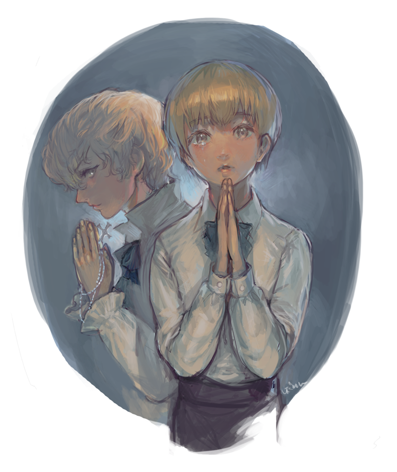2boys blonde_hair bow bowtie brown_eyes crying crying_with_eyes_open grey_background hair_between_eyes hands_together idarintarou long_sleeves male_focus multiple_boys original parted_lips rosary shirt tears upper_body wavy_hair white_hair white_shirt