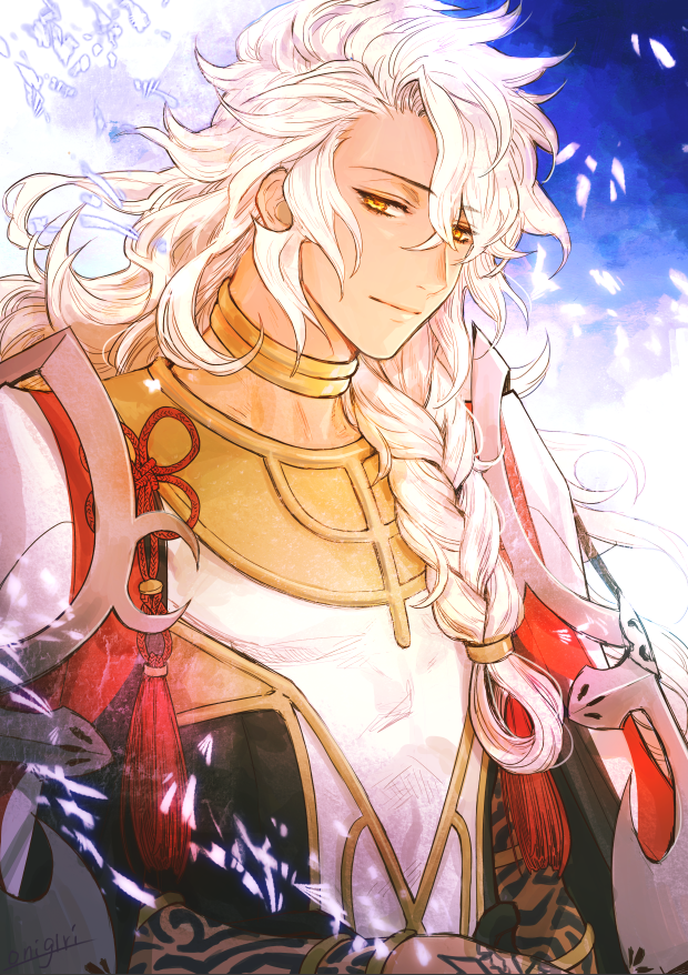 1boy armlet artist_name bracelet braid closed_mouth collarbone commentary_request eyebrows_visible_through_hair fate/grand_order fate_(series) floating_hair gold hair_ornament half-closed_eyes jewelry long_hair looking_at_viewer male_focus messy_hair neck_ring onigiri_(hfyt2533) red_ribbon ribbon ring shatter sidelocks single_braid solo solomon_(fate/grand_order) tassel tattoo upper_body white_hair yellow_eyes