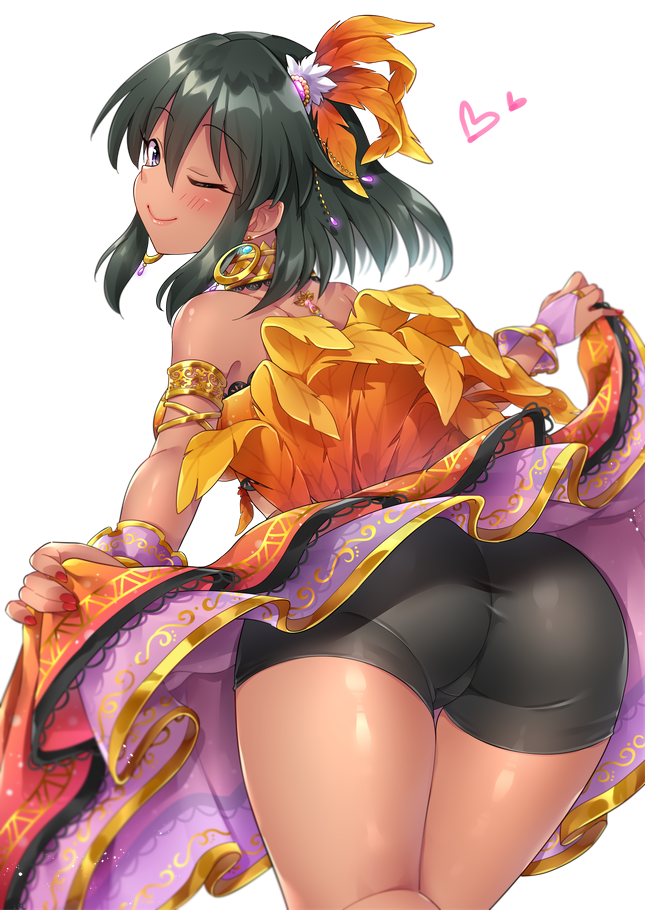 1girl armlet ass back bangs bare_shoulders bike_shorts black_shorts blush closed_mouth commentary_request dark_skin earrings eyebrows_visible_through_hair feathers from_behind green_hair hair_feathers hair_ornament hips idolmaster idolmaster_cinderella_girls jewelry looking_at_viewer looking_back mio_(mgr300) nail_polish natalia_(idolmaster) one_eye_closed short_hair shorts shorts_under_skirt simple_background skirt smile solo standing thick_thighs thighs violet_eyes wide_hips