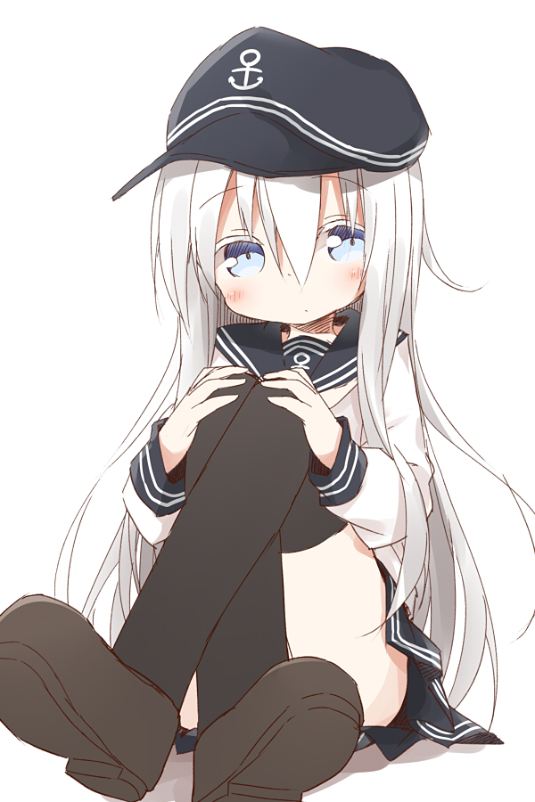 1girl anchor_symbol ayanepuna bangs black_hat black_legwear black_sailor_collar black_skirt blue_eyes blush brown_footwear colored_eyelashes eyebrows_visible_through_hair flat_cap hair_between_eyes hat hibiki_(kantai_collection) kantai_collection legs_crossed loafers long_hair long_sleeves pleated_skirt sailor_collar school_uniform serafuku shirt shoe_soles shoes silver_hair sitting skirt solo thigh-highs very_long_hair white_background white_shirt