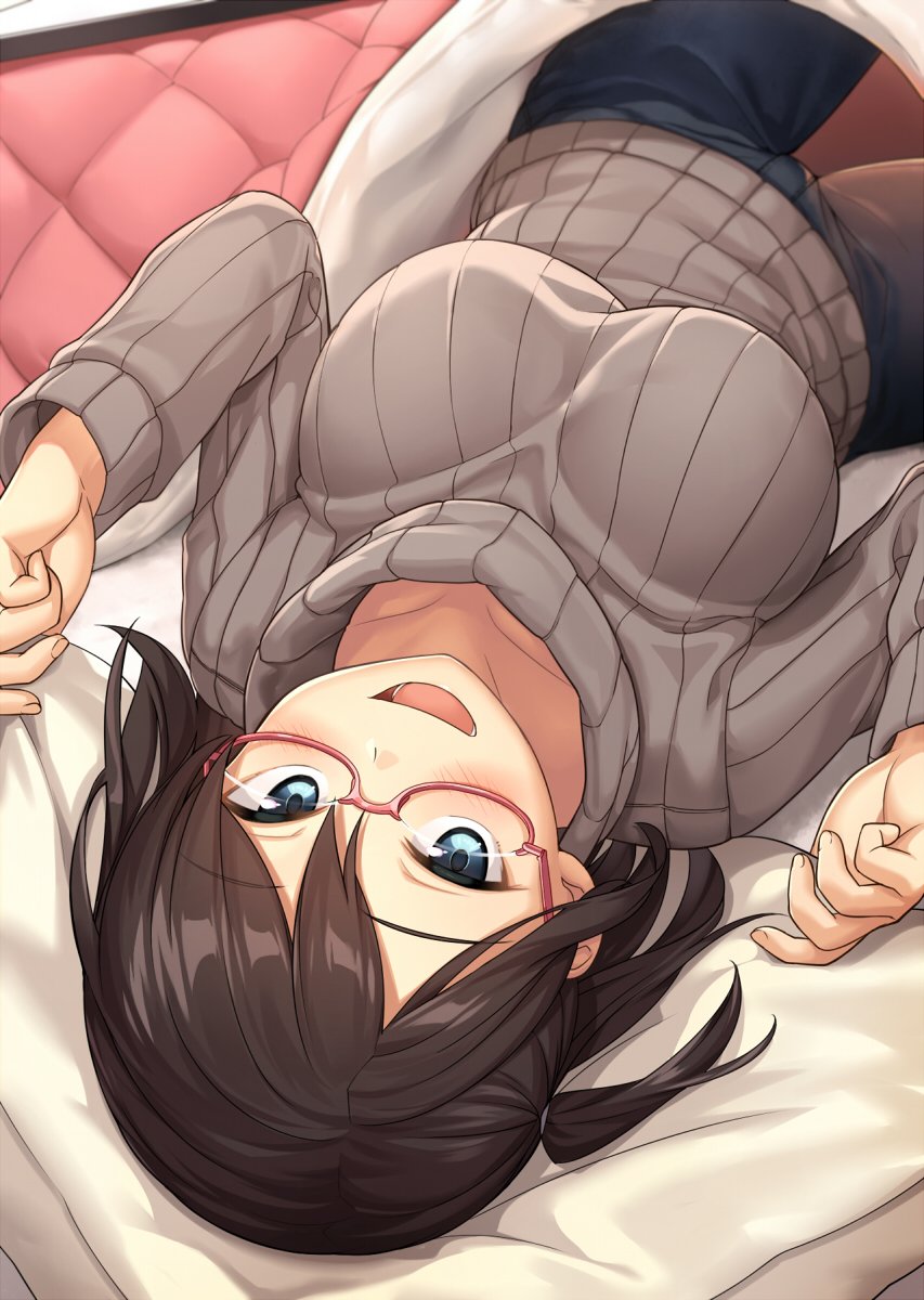 1girl :d bangs blush breasts brown_hair collarbone glasses hands_up highres kotatsu large_breasts looking_at_viewer lying on_back one_side_up open_mouth original pink-framed_eyewear ribbed_sweater sawada_yuusuke semi-rimless_eyewear smile solo sweater table under-rim_eyewear upside-down