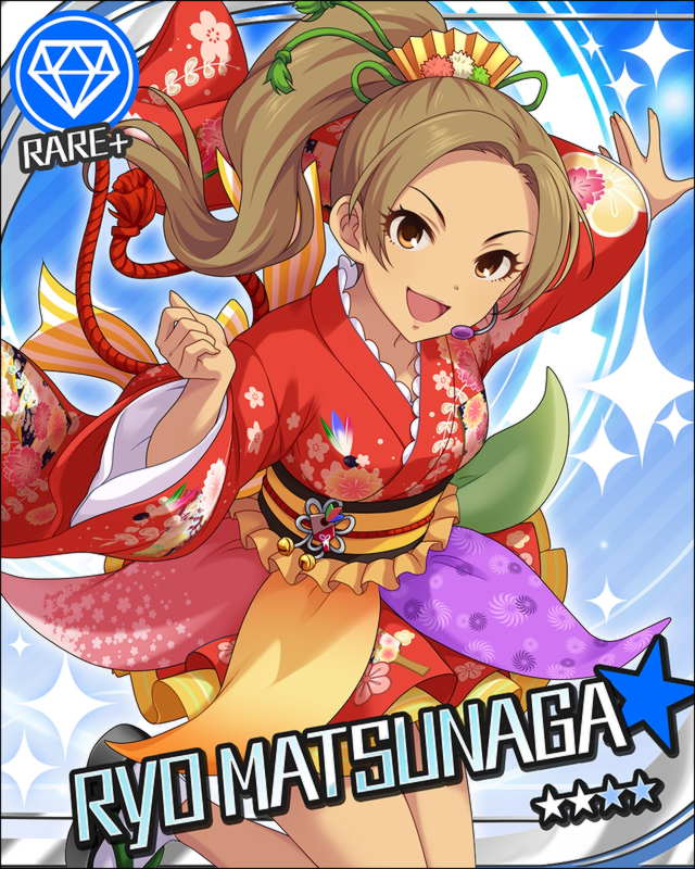 blush brown_eyes brown_hair character_name idolmaster idolmaster_cinderella_girls kimono long_hair matsunaga_ryo ponytail smile stars