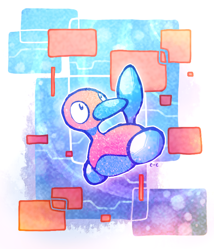 abstract_background bird commentary commission crayonchewer creature creatures_(company) cyberspace english_commentary game_freak gen_2_pokemon looking_to_the_side multicolored multicolored_background nintendo no_humans pokemon pokemon_(creature) porygon2 signature solo