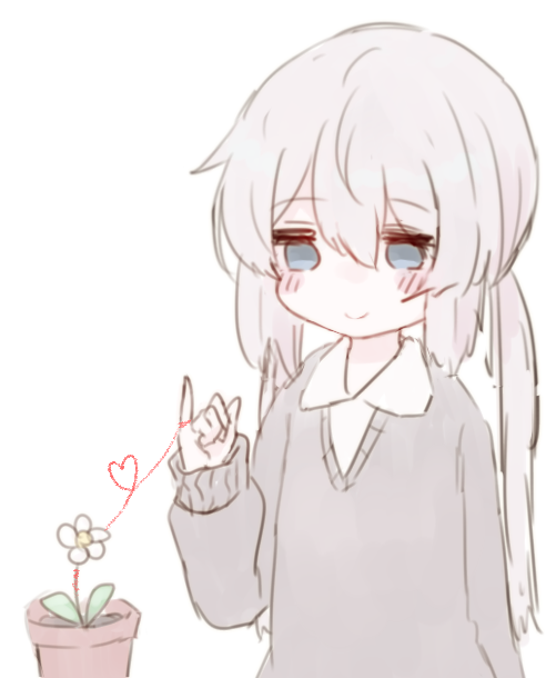 1girl blue_eyes blush eyebrows_visible_through_hair flower flower_pot light_brown_hair long_hair long_sleeves original plant potted_plant ruten_(onakasukusuku) shirt smile twintails