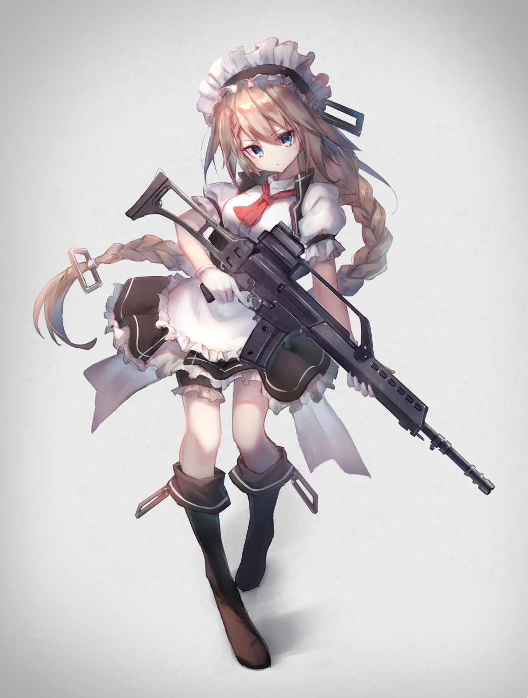1girl apron assault_rifle blonde_hair blue_eyes boots braid braided_ponytail commentary commentary_request g36_(girls_frontline) girls_frontline gloves gun h&amp;k_g36 highres liebe long_hair looking_at_viewer magazine_(weapon) maid maid_apron maid_headdress rifle scope skirt trigger_discpiline very_long_hair vest weapon