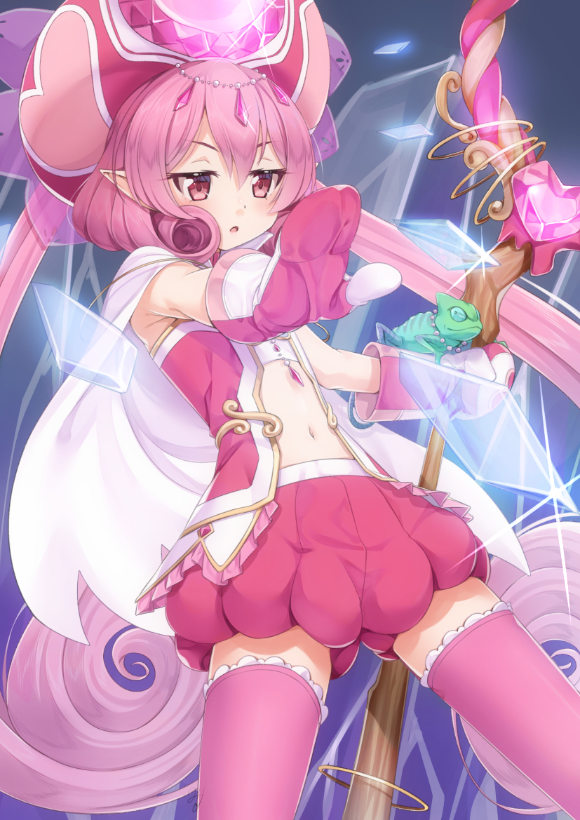 1girl :o animal bangs blush cape commentary_request crystal eyebrows_visible_through_hair hair_between_eyes hat heart holding holding_staff iguana_(animal) long_hair miri_(ago550421) mittens navel neneka_(princess_connect) outstretched_arm parted_lips pink_hair pink_legwear pointy_ears princess_connect! princess_connect!_re:dive puffy_shorts red_eyes red_headwear red_mittens red_shorts short_shorts shorts solo staff thigh-highs twintails very_long_hair white_cape