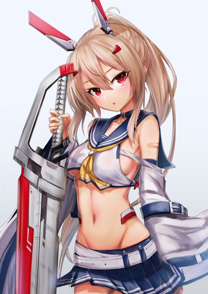 1girl arm_at_side ayanami_(azur_lane) azur_lane bandaid_on_arm bangs bare_shoulders blue_sailor_collar blue_skirt breasts collarbone cowboy_shot crop_top detached_sleeves eyebrows_visible_through_hair hair_between_eyes head_tilt headgear high_ponytail holding holding_sword holding_weapon looking_at_viewer medium_breasts navel no_bra pleated_skirt ponytail red_eyes remodel_(azur_lane) sailor_collar school_uniform serafuku shirt sideboob skirt sleeveless solo standing sword symbol_commentary weapon west_(vaem5527) white_shirt yellow_neckwear