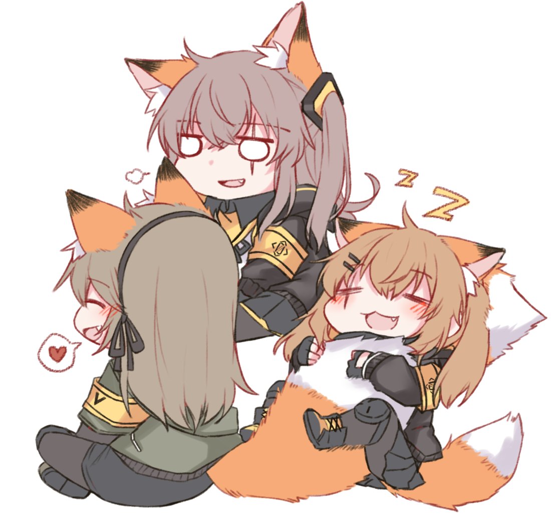 3girls 404_logo_(girls_frontline) animal_ears armband blush closed_eyes eyebrows_visible_through_hair fox_ears fox_girl fox_tail girls_frontline hair_ornament hairclip multiple_girls scar scar_across_eye siblings side_ponytail sisters sleeping tail twins twintails ump40_(girls_frontline) ump45_(girls_frontline) ump9_(girls_frontline) yuutama2804 zzz