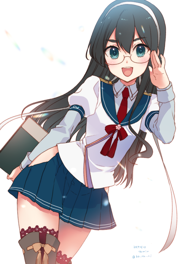 1girl adjusting_eyewear black_hair blue_sailor_collar blue_skirt clipboard cowboy_shot dated glasses green_eyes hairband hip_vent kantai_collection koruri long_hair looking_at_viewer necktie ooyodo_(kantai_collection) open_mouth pleated_skirt red_neckwear sailor_collar school_uniform semi-rimless_eyewear serafuku simple_background skirt smile solo thigh-highs twitter_username under-rim_eyewear white_background