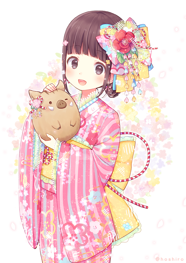 1girl aqua_ribbon bangs boar brown_eyes brown_hair carrying chinese_zodiac commentary_request earrings eyebrows_visible_through_hair floral_background flower furisode hair_bun hair_flower hair_ornament hair_ribbon japanese_clothes jewelry kanzashi kimono kon_hoshiro long_sleeves looking_at_viewer new_year obi original pink_kimono pink_ribbon red_flower ribbon sash short_hair sidelocks solo standing striped striped_kimono twitter_username white_background wide_sleeves yellow_ribbon