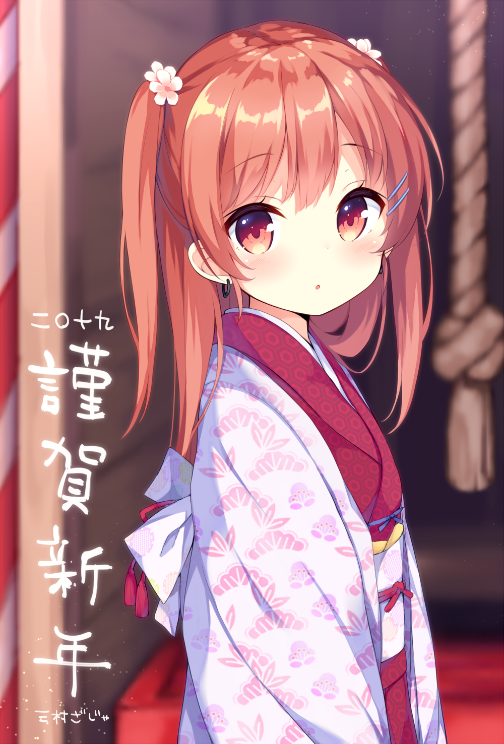 1girl :o blurry blurry_background blush brown_hair commentary_request depth_of_field earrings flower hair_flower hair_ornament hairclip highres japanese_clothes jewelry kimono long_hair looking_at_viewer looking_to_the_side mimura_zaja obi original parted_lips print_kimono red_eyes red_kimono sash solo translated two_side_up upper_body white_flower